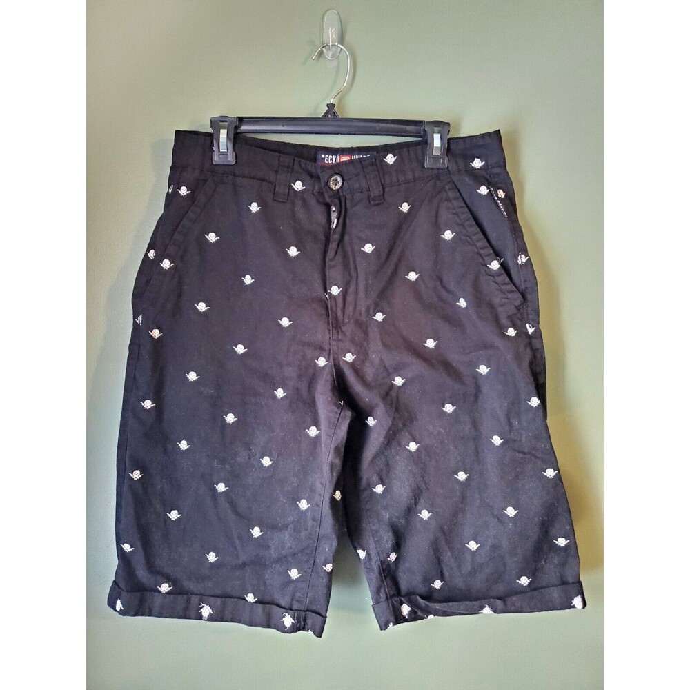 Ecko Unltd Mens Shorts Black w/White Embroidered Skulls Size 32 Hip Hop Skater